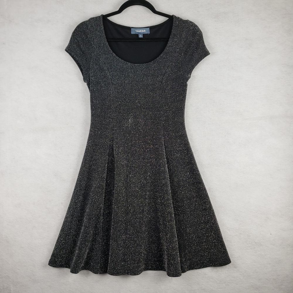 ModCloth Size S Cap Sleeve‎ Fit & Flare Mini Dress Black Metallic LBD Date Party